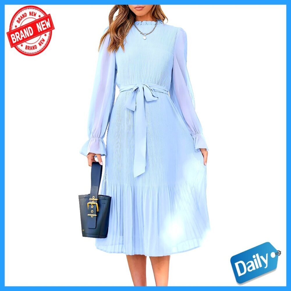Floral Chiffon Midi Dress Puff Sleeve Mock Neck Elegant Boho Wedding Guest